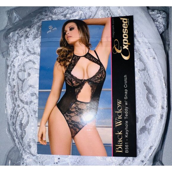 Black Widow Keyhole Teddy W Snap Crotch Lingerie Exposed Womens One Piece Lace - Picture 1 of 1